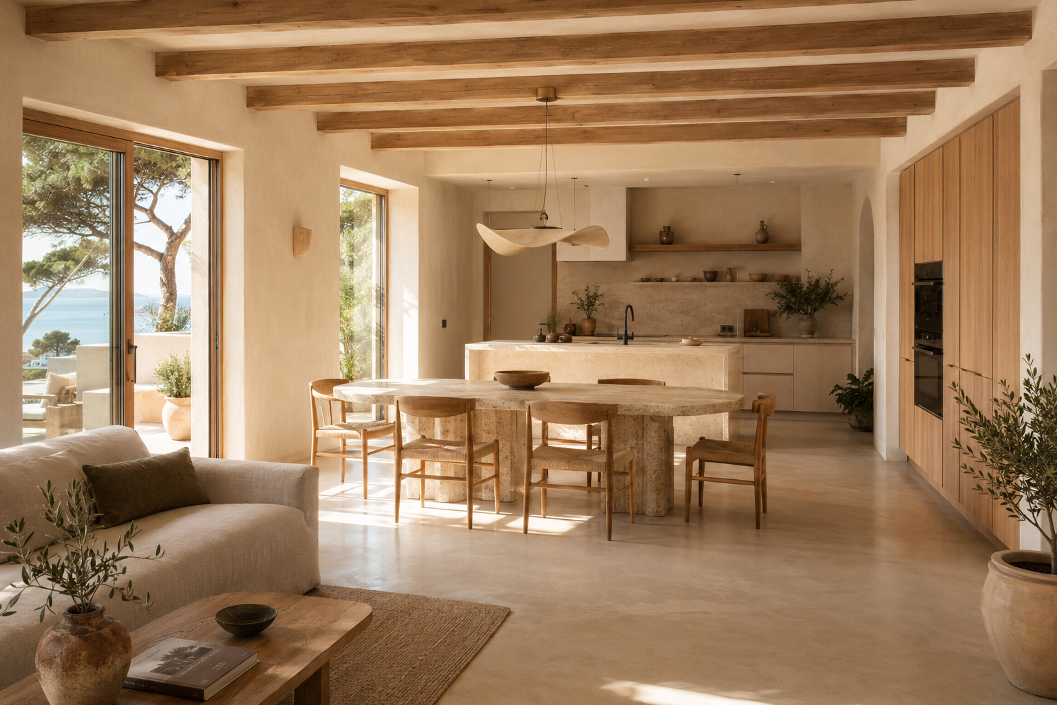Interior mediterrani lluminós, amb fusta natural i tons càlids